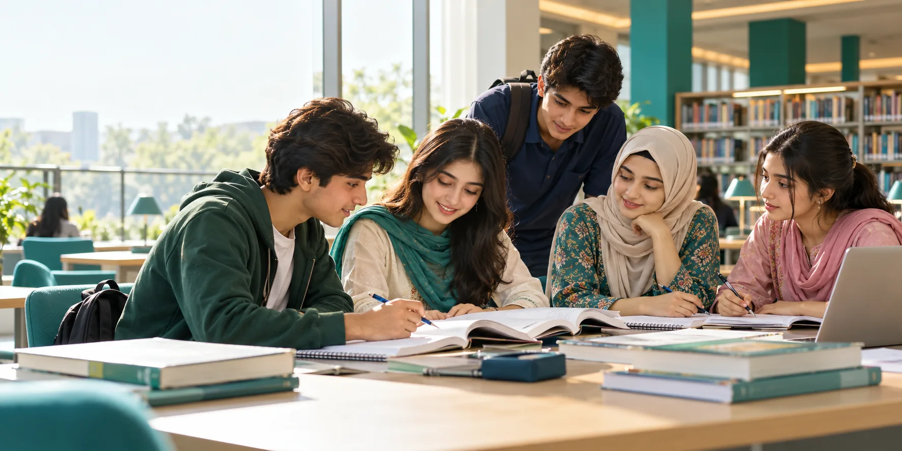 Pakistani students studying together in a library