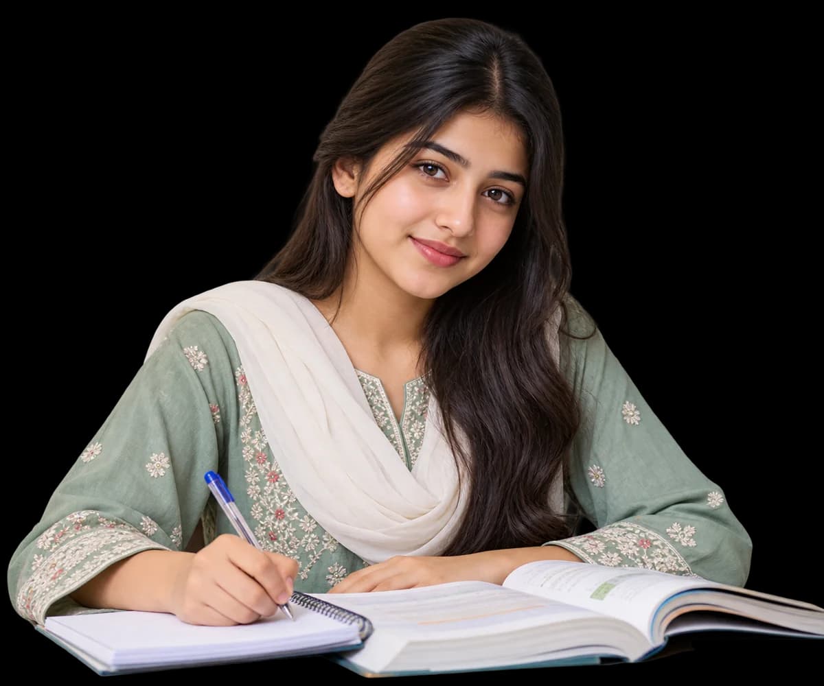 A Pakistani student studying with a book and notebook